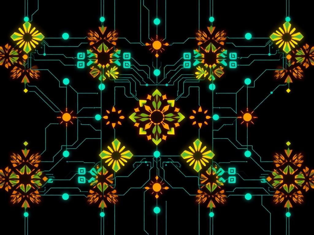Adinkra and kente-inspired patterns woven into a glowing digital circuit grid